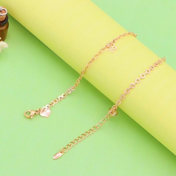 "Rose Gold Charm Anklet with Floral, Leaf & Square Link Accents, XPAL1045 - Picture 8 of 12